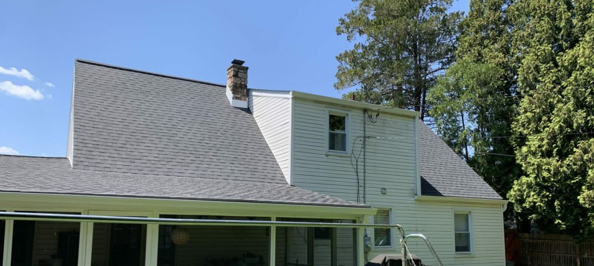 Asphalt Shingle Roof installed Oreland, PA, Montgomery Co., PA, Certainteed Landmark PRO Shingles Color: Moire Black; Installed white seamless 5k gutters on back of house with RX leafguards, May 2022