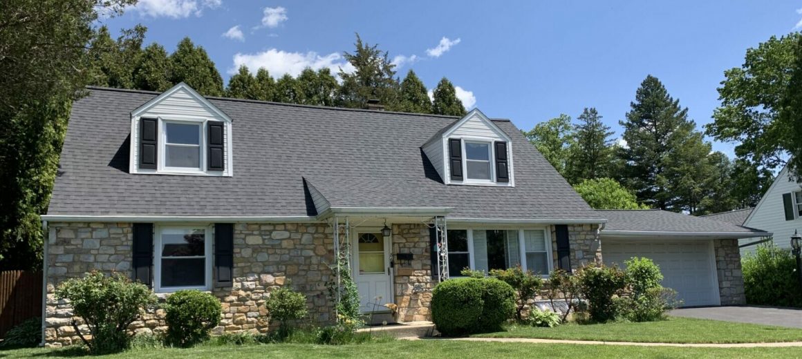 Asphalt Shingle Roof installed Oreland, PA, Montgomery Co., PA, Certainteed Landmark PRO Shingles Color: Moire Black; Installed white seamless 5k gutters on back of house with RX leafguards, May 2022