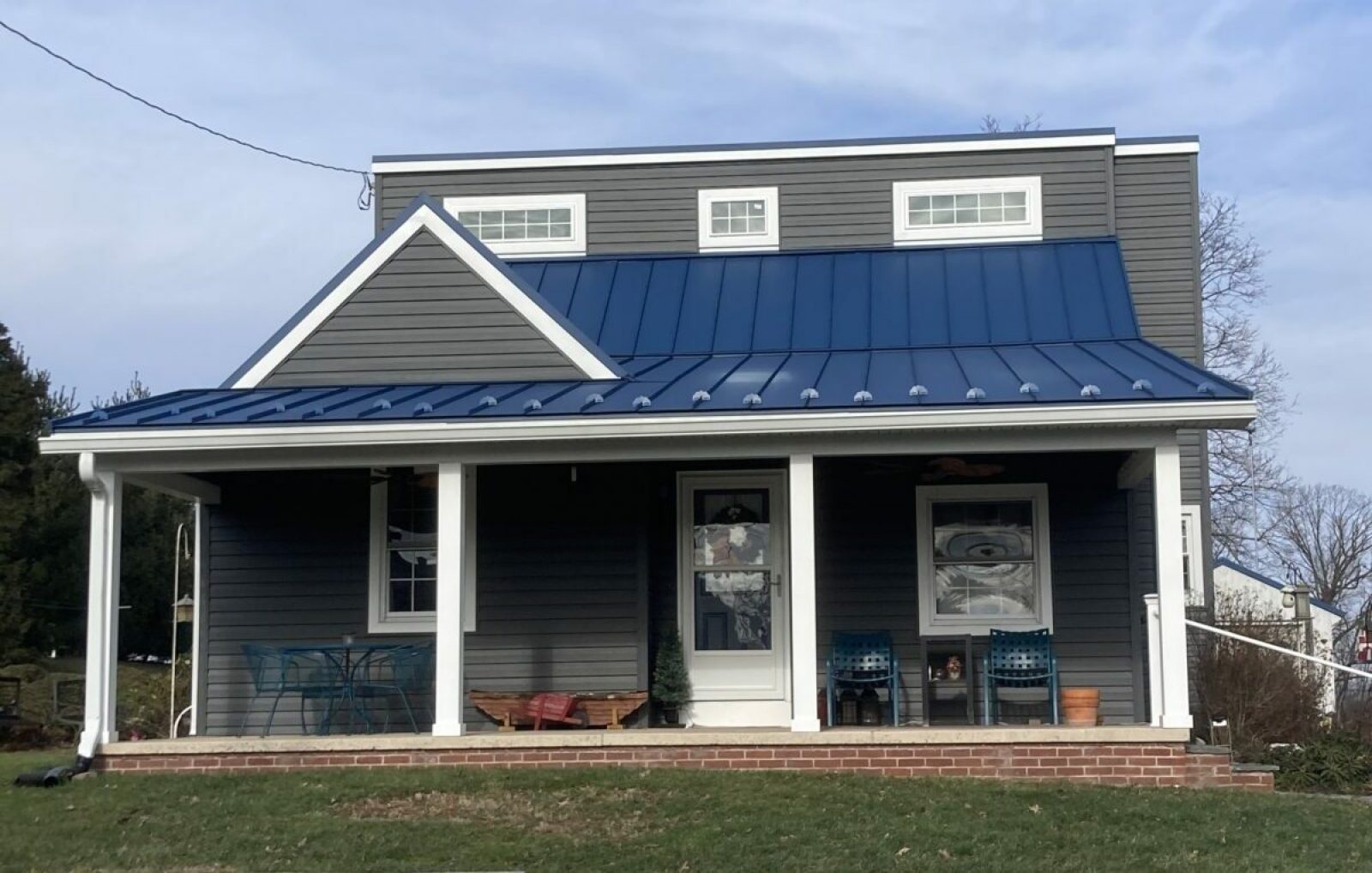 Standing seam metal roof installed Terre Hill, PA, Lancaster Co., PA, 29 gauge standing seam metal, color: Gallery Blue, January 2022