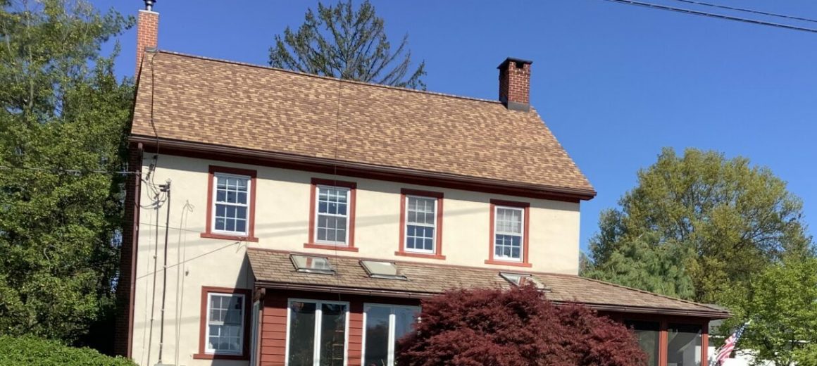 Asphalt Shingle Roof installed Gilbertsville, PA, Montgomery Co., PA, Certainteed Landmark PRO Shingles Color: Reshawn Shake; Installed 1/2 in. CDX plywood on entire house roof, May 2022